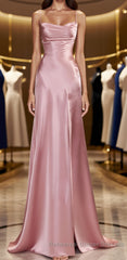 Simple Pink Spaghetti Straps Long Semi Formal Prom Dress with Split