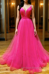Simple pink v neck tulle long Semi Formal Prom Dresses pink formal Dresses
