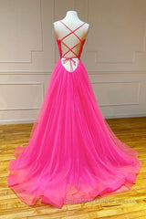 Simple pink v neck tulle long Semi Formal Prom Dresses pink formal Dresses