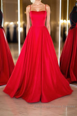 Simple red satin long Semi Formal Prom Dresses, red backless long evening Dresses
