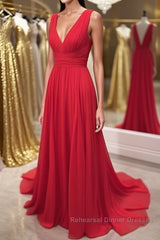 Simple Red V Neck and V Back Chiffon Long Semi Formal Prom Dresses, V Neck Red Long Evening Dresses, Red Formal Dresses, Graduation Dresses