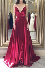 Simple red v neck satin long Semi Formal Prom Dresses, red evening Dresses