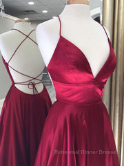 Simple red v neck satin long Semi Formal Prom Dresses, red evening Dresses