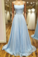 Simple satin blue long Semi Formal Prom Dresses, blue evening Dresses