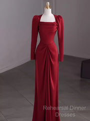 Simple Sheath Long Sleeves Red Semi Formal Prom Dress Evening Dress