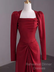 Simple Sheath Long Sleeves Red Semi Formal Prom Dress Evening Dress