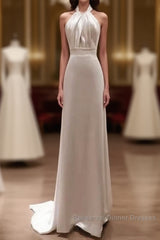 Simple Sheath Satin White Long Wedding Dresses Backless Brides Dress