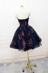 Simple Short Black Tulle Party Dress With Floral, Lovely Short Semi Formal Prom Dress