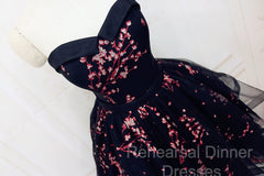 Simple Short Black Tulle Party Dress With Floral, Lovely Short Semi Formal Prom Dress