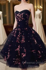 Simple Short Black Tulle Party Dress With Floral, Lovely Short Semi Formal Prom Dress
