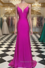 Simple Spagehtti Straps Fuchsia Satin Mermaid Semi Formal Prom Dress