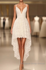 Simple Spaghetti Straps Hi-Lo Semi Formal Prom Dress,White Lace Semi Formal Prom Dress