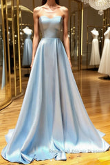 Simple sweetheart blue long Semi Formal Prom Dresses blue long evening Dresses