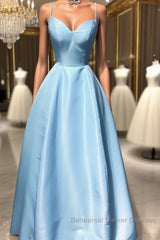 Simple sweetheart blue satin long Semi Formal Prom Dresses, blue evening Dresses