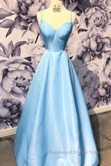 Simple sweetheart blue satin long Semi Formal Prom Dresses, blue evening Dresses
