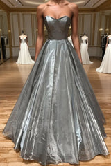 Simple sweetheart neck gray satin long Semi Formal Prom Dresses gray formal party Dresses