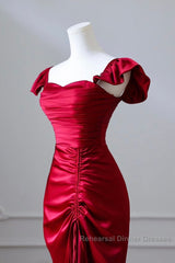 Simple Sweetheart Neck Satin Burgundy Long Semi Formal Prom Dress, Burgundy Long Formal Dress