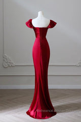Simple Sweetheart Neck Satin Burgundy Long Semi Formal Prom Dress, Burgundy Long Formal Dress