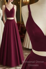 Simple Two Pieces Burgundy Long Semi Formal Prom Dress, Burgundy Evening Dress