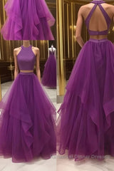 Simple two pieces tulle long Semi Formal Prom Dresses, tulle evening Dresses