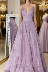 Simple v neck A-line long Semi Formal Prom Dresses sequin evening Dresses