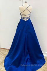 Simple V Neck Backless Royal Blue Satin Long Semi Formal Prom Dresses, Royal Blue Backless Formal Dresses, Royal Blue Evening Dresses, Ball Gown