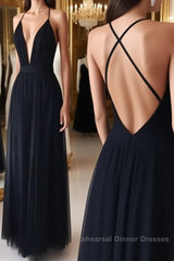 Simple v neck black tulle long Semi Formal Prom Dresses, black evening Dresses