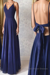 Simple v neck blue long Semi Formal Prom Dresses, blue evening Dresses