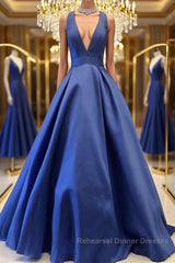 Simple V Neck Blue Satin Long Semi Formal Prom Dresses, V Neck Blue Formal Dresses, Cheap Blue Evening Dresses