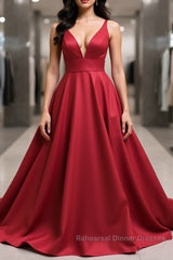 Simple v neck burgundy satin long Semi Formal Prom Dresses  burgundy formal Dresses