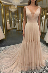 Simple v neck champagne tulle long Semi Formal Prom Dresses, champagne evening Dresses