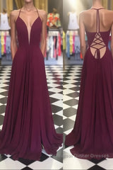 Simple v neck chiffon backless long Semi Formal Prom Dresses, Burgundy evening Dresses