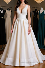 Simple V Neck Ivory Satin Long Semi Formal Prom Dresses, Open Back Ivory Formal Evening Dresses, Ivory Wedding Dresses