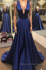 Simple V Neck Open Back Blue Long Semi Formal Prom Dresses, V Neck Blue Formal Dresses, Blue Evening Dresses
