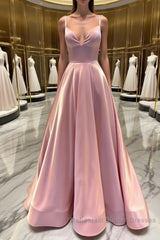 Simple v neck pink satin long Semi Formal Prom Dresses pink formal Dresses