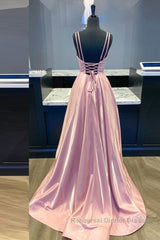 Simple v neck pink satin long Semi Formal Prom Dresses pink formal Dresses