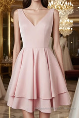 Simple v neck pink short Semi Formal Prom Dresses, cute pink homecoming Dresses