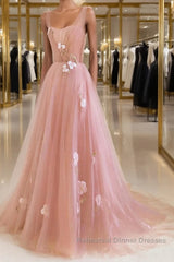 Simple v neck pink tulle long Semi Formal Prom Dresses, pink evening Dresses