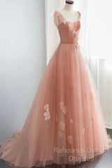Simple V Neck Pink Tulle Long Semi Formal Prom Dress Pink Tulle A Line Evening Dress