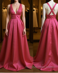 Simple V Neck Pleated Satin Long Semi Formal Prom Dresses, V Neck Evening Dresses, Formal Dresses, Graduation Dresses