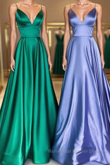 Simple v neck satin long Semi Formal Prom Dresses satin evening Dresses