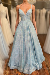 Simple v neck sequin long Semi Formal Prom Dresses, blue sequin formal Dresses