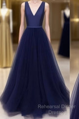 Simple V Neck Tulle Long Semi Formal Prom Dress, Dark Blue Evening Dress