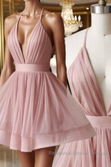 Simple v neck tulle pink short Semi Formal Prom Dresses pink bridesmaid Dresses