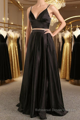 Simple V Neck Two Pieces Black Semi Formal Prom Dresses, 2 Pieces Black Long Formal Dresses, Black Evening Dresses