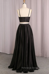 Simple V Neck Two Pieces Black Semi Formal Prom Dresses, 2 Pieces Black Long Formal Dresses, Black Evening Dresses