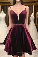 Simple v neck velvet short burgundy Semi Formal Prom Dresses, burgundy homecoming Dresses