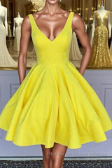 Simple V Neck Yellow Short Semi Formal Prom Dresses, V Neck Yellow Homecoming Dresses, Yellow Graduation Formal Evening Dresses