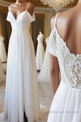 Simple white off shoulder chiffon lace long Semi Formal Prom Dresses evening Dresses