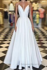 Simple white v neck satin long Semi Formal Prom Dresses white evening Dresses